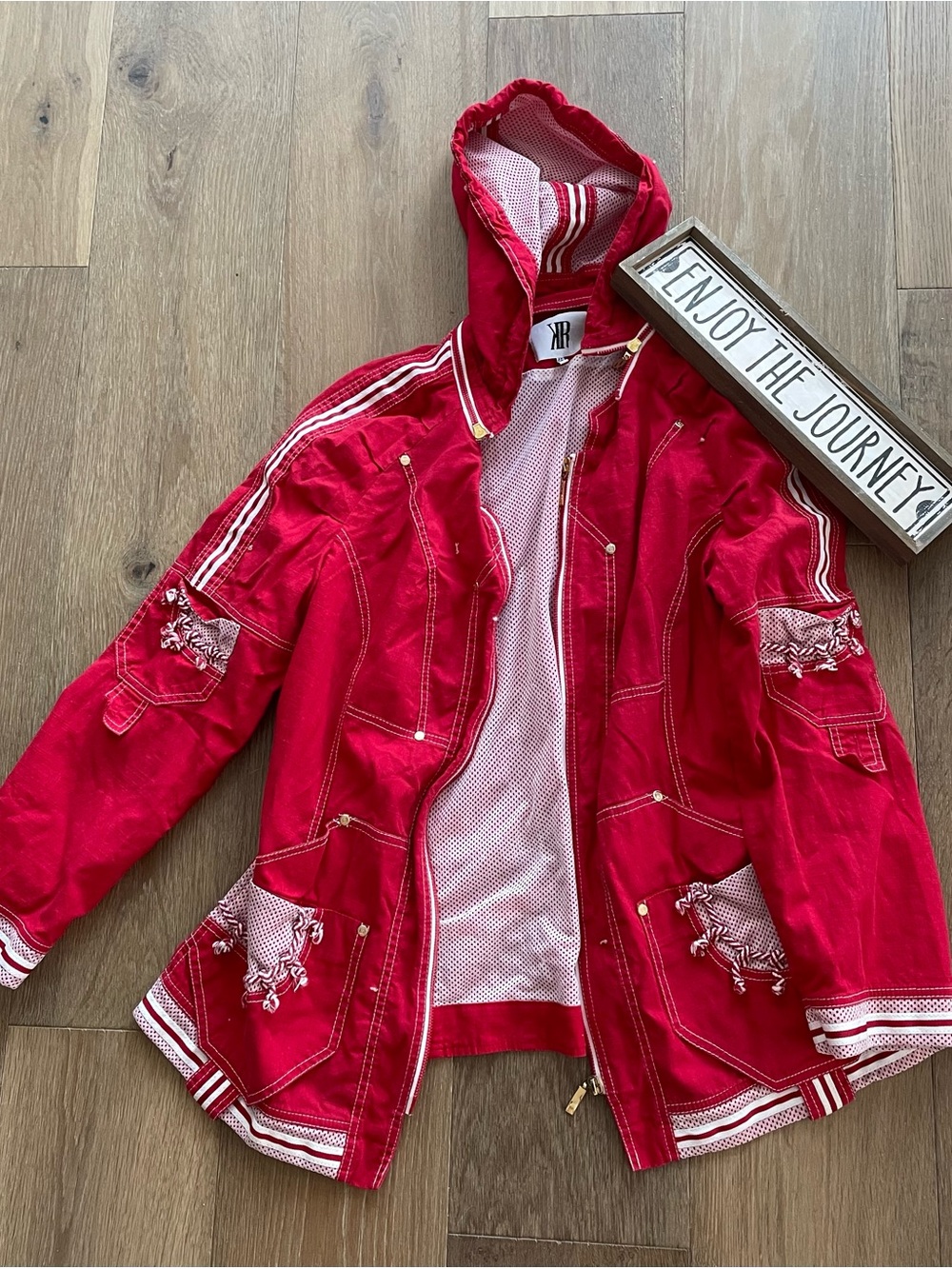 Vintage Red Jacket Grosgrain Nautical Cord Trim Detachable Hood